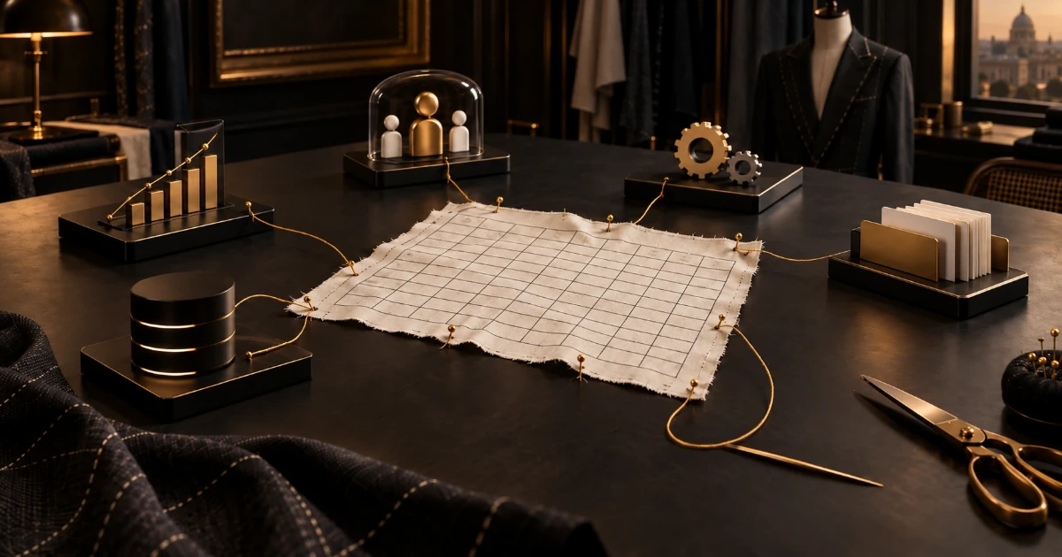 Sobre la mesa de un atelier, un patrón de tela cuadriculado unido con hilo de oro a un gráfico de barras, unas figuras bajo una campana de cristal, unos engranajes, una base de datos y un fichero.