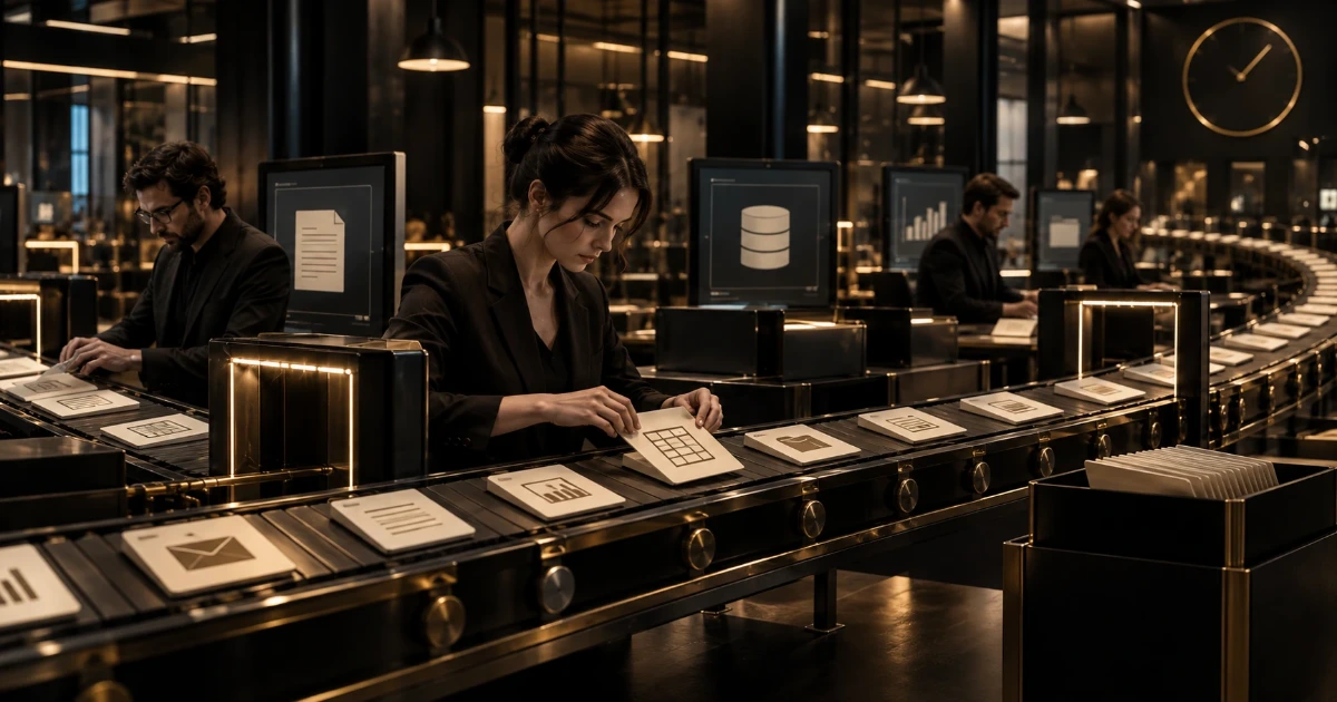 En una oficina en penumbra, varias personas colocan a mano fichas de documentos sobre cintas transportadoras que las llevan de un puesto a otro, bajo pantallas con iconos de archivo y de base de datos y un reloj de pared.