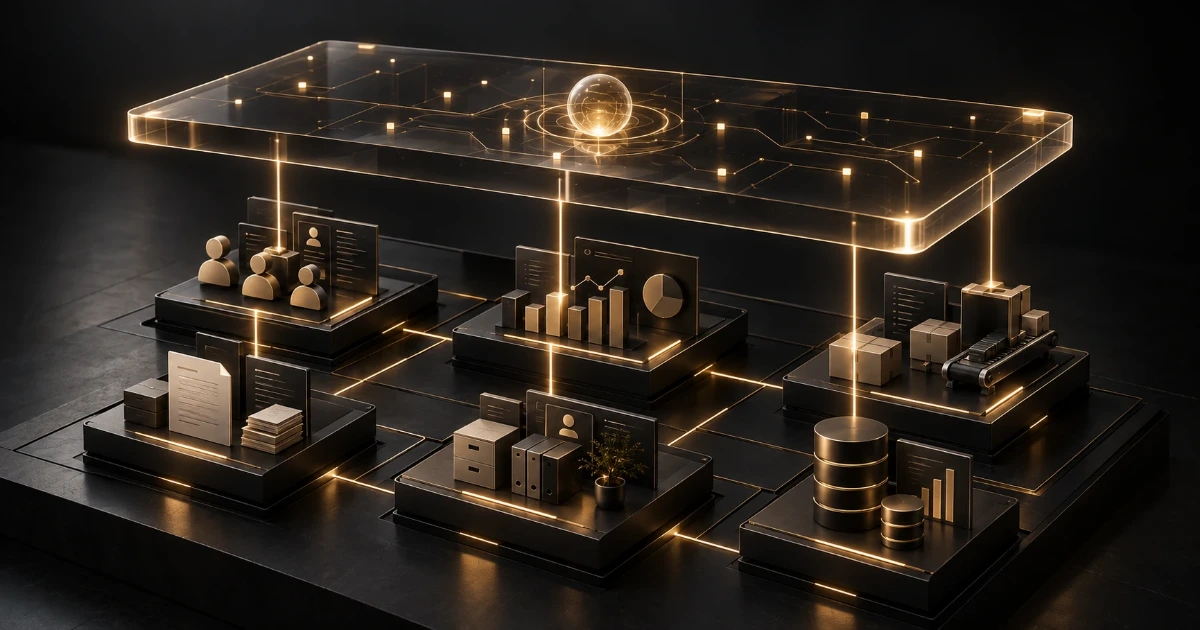 Maqueta oscura en la que una lámina de cristal con una esfera luminosa flota sobre seis plataformas —personas, documentos, informes, archivo, almacén y bases de datos— y baja un hilo de luz hasta cada una.