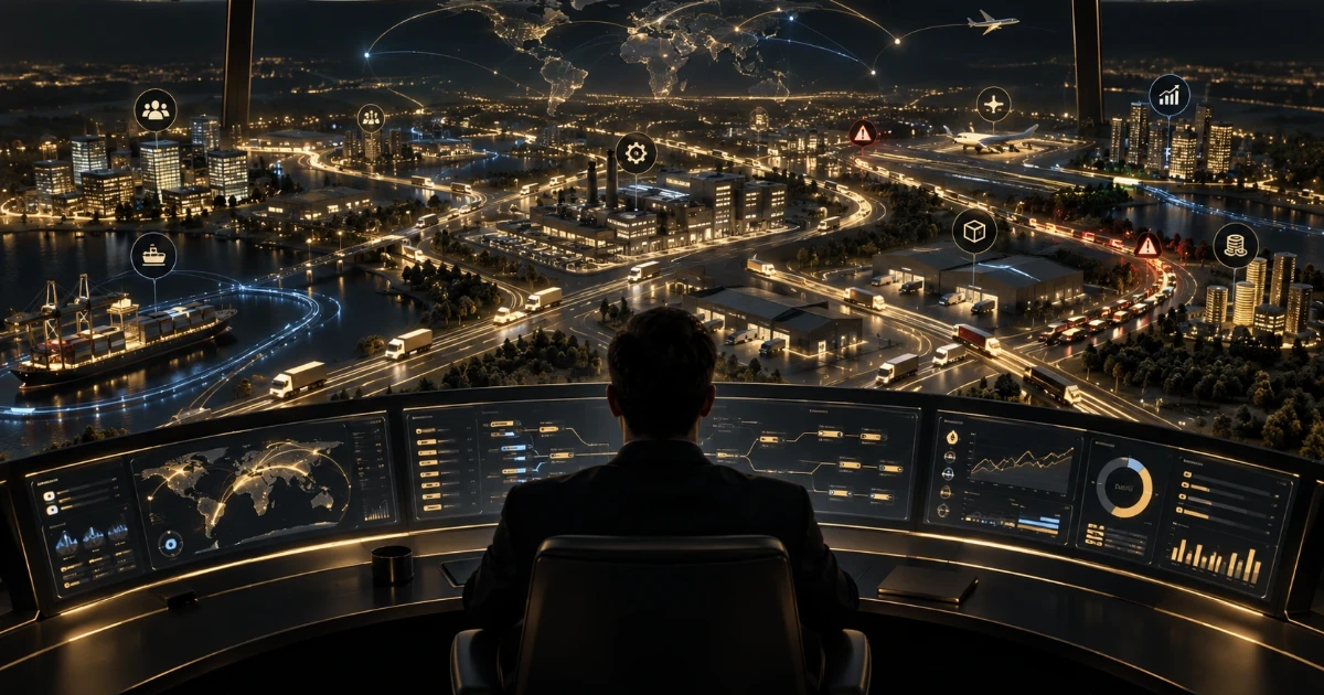Desde una sala de control a oscuras, una persona de espaldas mira un panel curvo de indicadores frente a una ciudad iluminada de noche, con barcos, camiones y aviones en movimiento y un mapa del mundo trazado encima.